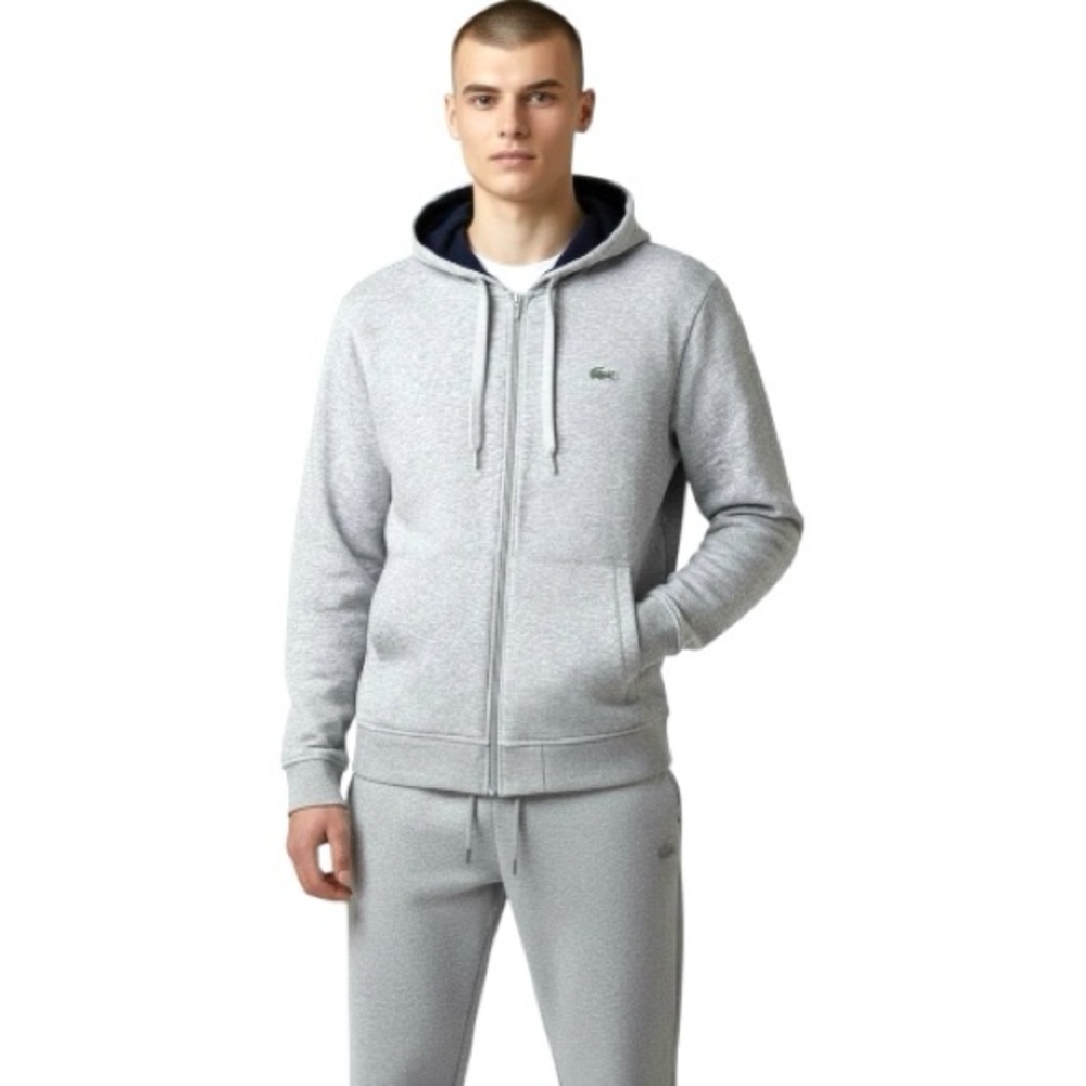 Lacoste Light Gray Full-Zip Hoodie Sz S Croco Logo Chest Sporty Preppy